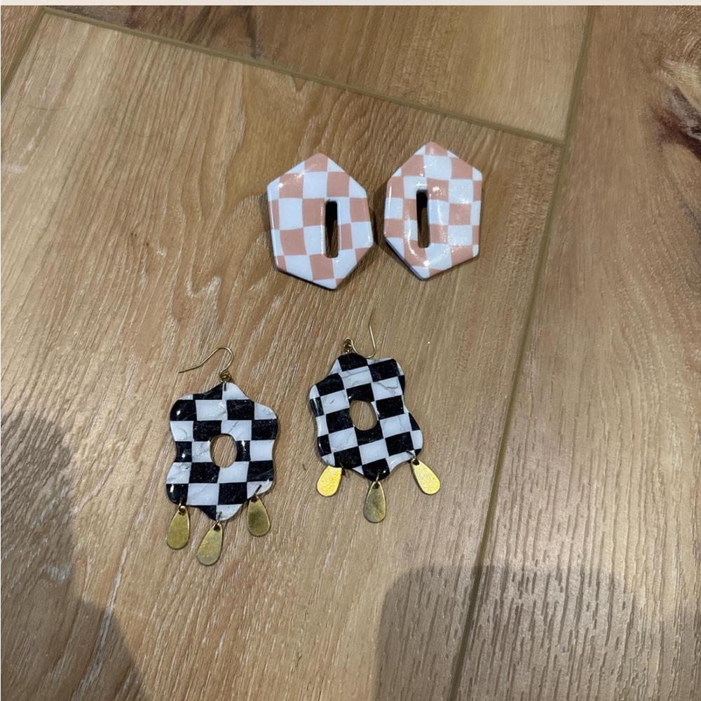 Checkered Geometric Earrings Set